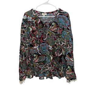 Umgee Tapestry Vintage Print Ruffle Batwing Sleeve Blouse